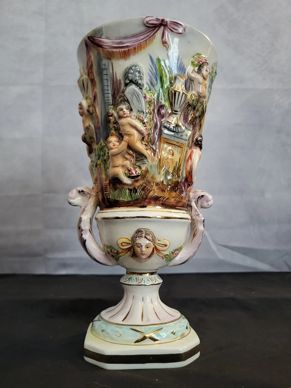 Numbered Ornate White and Gold Porcelain Urn Vase with Multicolor Relief